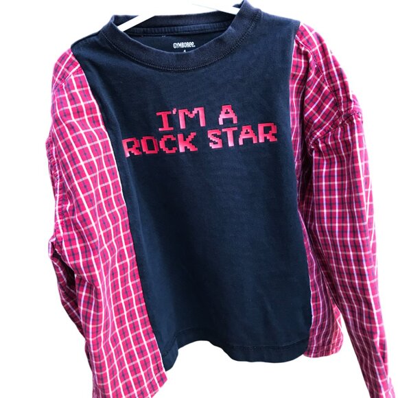 Upcycled Boy’s Plaid Tee: Rock Star Graphic T-Shirt w/Long Sleeves, Size 6-10 - Picture 3 of 8